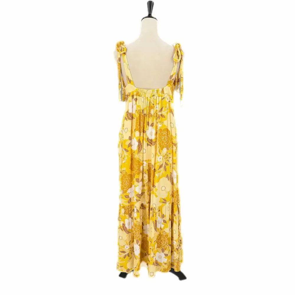 Abercrombie & Fitch Bright Yellow Crepe Tie Shoulder V-neck Flowing Maxi Dress